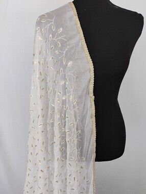 Women's White & Gold Embroidered Chiffon  Scarf / Dupatta
